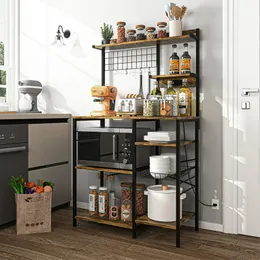 Rack de armazenamento de cozinha multiuso Hommoo, rack de padeiro de cozinha com tomada elétrica, suporte de micro-ondas para armazenamento, estação de café, marrom rústico
