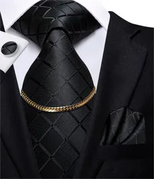 Cravatte Hi-Tie Business Nero Scozzese di lusso Cravatta da uomo Cravatte di seta Cravatta di moda Catena Hanky Gemelli Set Design Regalo per uomo Matrimonio 230725