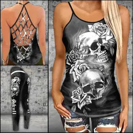 Elbiseler Kadın Moda Kafatası Bulutu Koyu Gotik Crisscross Yoga Taytlar + Combo Hollow Out Tank Top