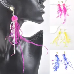 Handmade Feathers Jellyfish Earrings Feather Long Tassel Pendant Earring Exaggerated Dangle Earrings Fashion Party Jewelry Gifts