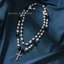 Designer necklaces Hip hop punk niche pearl beaded cross collarbone chain male dark trendy cool couple versatile necklace male