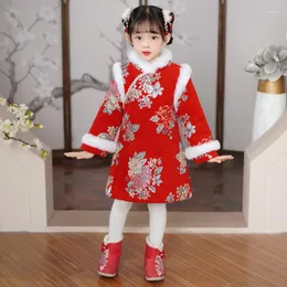 Etnik Giyim Cheongsam Çocuklar Kıyafet Kış Büyük Çiçek İnci Yün Yakası Sıcak Hanfu Çin Antik Ulusal Stil Kız Zarif Elbise
