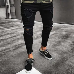 Jeans masculino moda masculina cool designer preto rasgado skinny destroyed desfiado slim fit calça jeans com zíper hop calças buracos para homens y2303 l230726