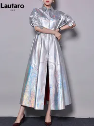 Damen-Trenchcoats Lautaro Herbst Langer Rock Glänzend Reflektierender Holografischer Kunstleder-Trenchcoat für Frauen Reißverschluss Luxus-Designerkleidung 230725