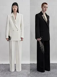 Kadınlar İki Parçalı Pantolon Ağır zanaat boncuklu retro gevşek takım ceket iki parçalı sonbahar yüksek belli elmas çukurlu geniş bacak moda