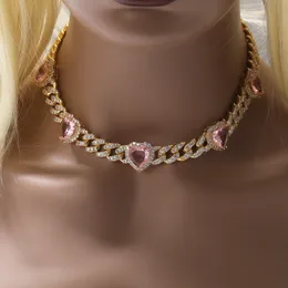 Hip Hop Heart Shape Cuban Link Chain Halsband Kvinnor gåva rosa zirkonsmycken