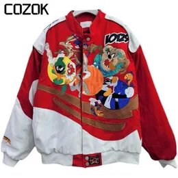 Mens Jackets Autumn Winter Cartoon Embroidery Baseball Plus Size Parkas Men Women Casual Motorcycle Long Sleeve Vintage Bomber Jacket Coat 230726