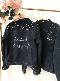 Women's Jackets PERSONALIZED Black Denim Statement Coats Bridal Jacket Customized Wedding Jean Jacket Bridal Denim With Pearl Women's MRS Coats J230726