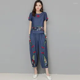 Women's Two Piece Pants Summer Vintage Chinese Style Embroidery Pant Suits Tops Loose Bloomers Two-Piece Denim Short Sleeve Casual Sets