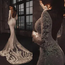 Sexy 2019 Mermaid Wedding Dresses Vintage Long Sleeve Jewel Neck Lace Beading Garden Country Bridal Gowns Wedding Dress robe de ma233f