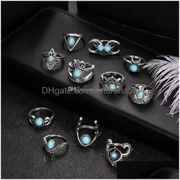 Pierścienie klastra Turkusowe pierścień kostki Starożytna Sier Crown Moon Owl Drop Stacking Midi Women Fashion Jewelry Will i Sandy New Deliv Dh5jc