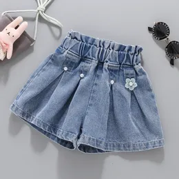 Shorts V-Tree Girls Denim Shorts Teenage Girl Summer Lace Pants Barn Bow Clothes Children Blommor Brodery Jean Kort för tonåring 230725