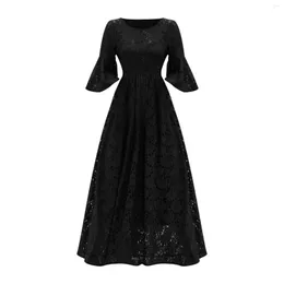 Vestidos casuais femininos vintage gola de renda cintura dobrada vestido grande rodado mãe da noiva