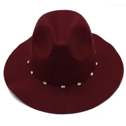 Boinas Fashion Claret Hat Women Jazz Fedora Hats With Diamond Wide Brim Panama Trilby Cap Headgear Chapeau For Female Ladies