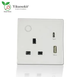 Smart Power Plugs 13A Modern Smart Switch Plug Single Row WIFI UK Touch Wall Socket White Glass Face Cover 2.1A USB(A+C) Port Phone Tablet Charger HKD230727