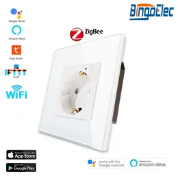 Wtyczki inteligentne zasilania Zigbee Smart Eu Gniazda WiFi Gniazdo Gniazdo Szklane Postępowanie z domem Smart Life Alexa Blue podświetlenie HKD230727