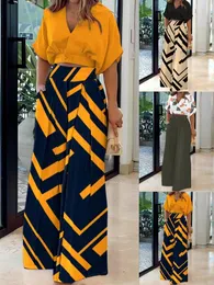 Women's Two Piece Pants 2023 Spring And Autumn Fashion V-neck Short Sleeve Top Elegant High Waist Stripe Printed Set