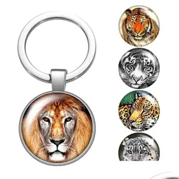 Keychains Lanyards Animals Lion Tiger Leopard Face Beast Glass Cabochon Keychain Bag Car Key Rings Holder Sier Plated Chains Men Wom Dhxoj