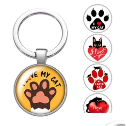 Клайфуины Lanyards Love Cat Lovely Pet Footprint Gift Glass Cabochon Bage Car Car Key Check Holder Sier Lating Men Women Gi Dhycr