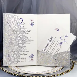 Gratulationskort 10st Set Laser Cut Wedding Invitations Card Elegant Lace Favor Rose Gold Silver Business Party Decor Supplies190a