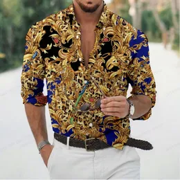 Mens Casual Shirts Golden Luxury Hawaii Men Fashion Shirt Long Sleeve Blouses Beach Blouse Clothing Turn Over Collar Vocation Camisas 230726