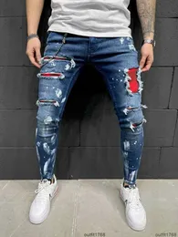 Szczupłe męskie dżinsy mężczyźni rozryli malowany mody Patch żebrakowe spodnie męskie ołówek hip hop kropla