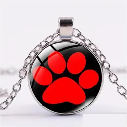 Pendant Necklaces Cartoon Cat Dog Footprint Necklace Cute Animal Paw Glass Cabochon Pendants Long Chain High Quality Handmade Female G Dhx0I