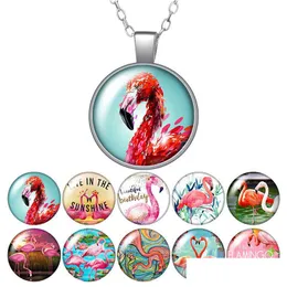 Pendant Necklaces Flamingo Animals Loyalty And Love Round Necklace 25Mm Glass Cabochon Sier Color Jewelry Women Party Birthday Gift 50 Dhybm