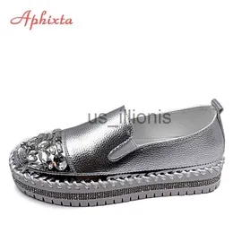 Sapatos formais Aphixta Cristais Sapatos Baixos de Couro Bico Redondo Feminino Mocassim Prata Brilhante Casal Sapatos Plataforma Mulher Plana Com Amassados Tamanho 43 J230727