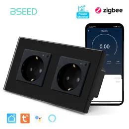 Smart Power Plugs BSEED EU Tuya Zigbee Socket Smart Wall Socket Power Monitor Glass Panel Blue Backlight 220v Alexa Assistant Voice Control HKD230727