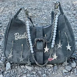 MBTI Vintage Y2k Womens axelväska Goth Stars Crossbody Bag For Phone Pins Pearl Chain 2023 New Fashion Female Luxury Handbags