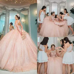 Szampan Rose Gold Quinceanera Sukienki 2021 Bringly Lace Beaded Ceivins koronkowe gorset