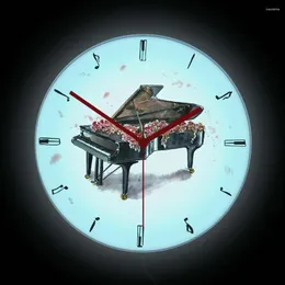 Zegarki ścienne czarne fortepian nowoczesny design świecy zegar na studio muzyczne pianista wystrój domu LED oświetlona nocna lampka nocna