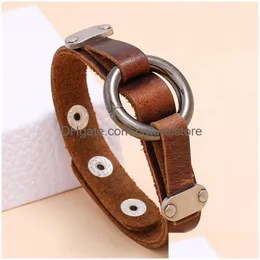 Bangle Metal O Ring Leather Cuff Button Adjustable Bracelet Wristand For Men Women Fashion Jewelry Drop Delivery Bracelets Dhclu