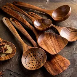 7st Thailand Teak Cooking Spoon Natural Wood Kitchen Table Tool Lave Turner Rice Colander Soup Skimmer Scoop redskap L230621