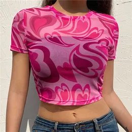 T-shirt Vrouwen Zomer Roze Hart Gedrukt Esthetiek See Through Mesh Koreaanse Korte Mouw Voor Zoete Kawaii Meisjes 2023 Crop Top