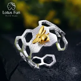 Wedding Rings Lotus Fun Real 925 Sterling Silver 18K Gold Bee Natural Designer Fine Jewelry Home Guard Honeycomb Open Ring for Women 230726
