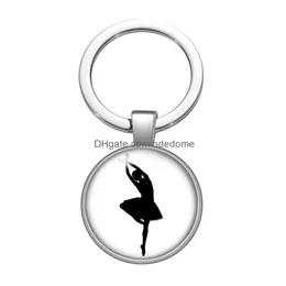 Keychains Lanyards Love Dancing Dance Girl Ballet Beauty Glass Cabochon Keychain Bag Car Key Rings Holder Sier Plated Chains Men Wom Dhnde