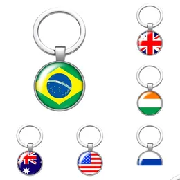 Keychains Lanyards Russian France Germany Flag Glass Cabochon Keychain Bag Car Key Chain Ring Holder Charms Sier For Men Gifts Drop Dh8Od