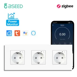Smart Power Plugs Bseed EU Standard Zigbee Smart Wall Socket Plastic Panel Triple Outlets Monitor Funktion Arbetet med Tuya Alexa Smart Life HKD230727