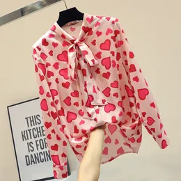 Women's Blouses Shirts MUMUZI Chiffon Blouses Long Sleeve Summer Loose Bow Tie Blouse Red Heart Print Pink Shirt tunique femme bluse women 230727