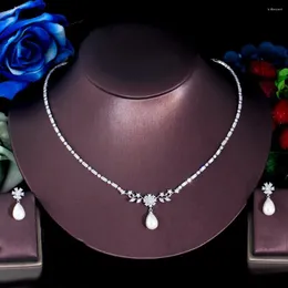 Серьги ожерелья устанавливают Трехграки сияющие кубические цирконии серебряный цвет имитируемая жемчужная мода цветочные украшения для женщин TZ839
