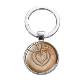 مفاتيح مفاتيح Lanyards Creative Coffee Latte Ceychain Cat Cat Animal Flower Art Printing Glass Crystal Key Chain Hight