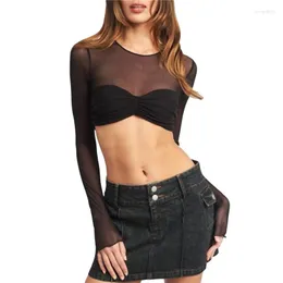 Kvinnors T -skjortor xingqing mesh skjorta y2k estetiska kläder solid färg ren se genom ruched crop top kvinnor tees 2000s kläder