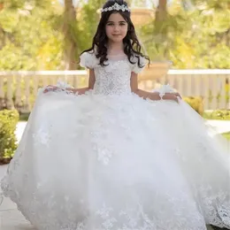 Princess White Flower Girls Dresses Lace Habeique Tulle Pageants Sequins Equins Lace Up Girl's Birthday Party Gret