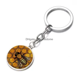 Keychains Lanyards Gold Bee Honeycomb Nyckelring Fashion Honeybee Insect Steampunk Glass Cabochon Pendant Car Key Ring Beekeeper Gift Dhhtg