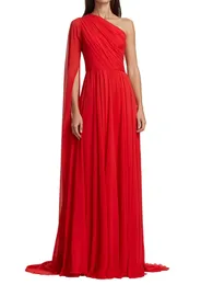 Elegant Long Red Chiffon Evening Dresses With Cape A-Line One Shouler Small Train Zipper Back Pleats Prom Dresses Robe De Soiree Sleeveless Formal Party Gown for Women