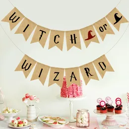 Banner Flags 1pc WITCH OR WIZARD Burlap Banner Bunting Pull Flag Party Decoration Supplies for Halloween Decoration 230727