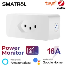 Smart Power Plugs Brasile Power Monitor 16A Tuya Smart Zigbee Socket Plug Wireless Outlet With Adapter Adapter Works with Alexa Home HKD230727