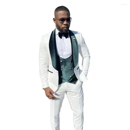 Men's Suits Men Jacket Slim 3 Pieces/White Floral Blazer Green Velvet Lapel Vest Fashion Latest Design Mens Clothes/Wedding Groom Set